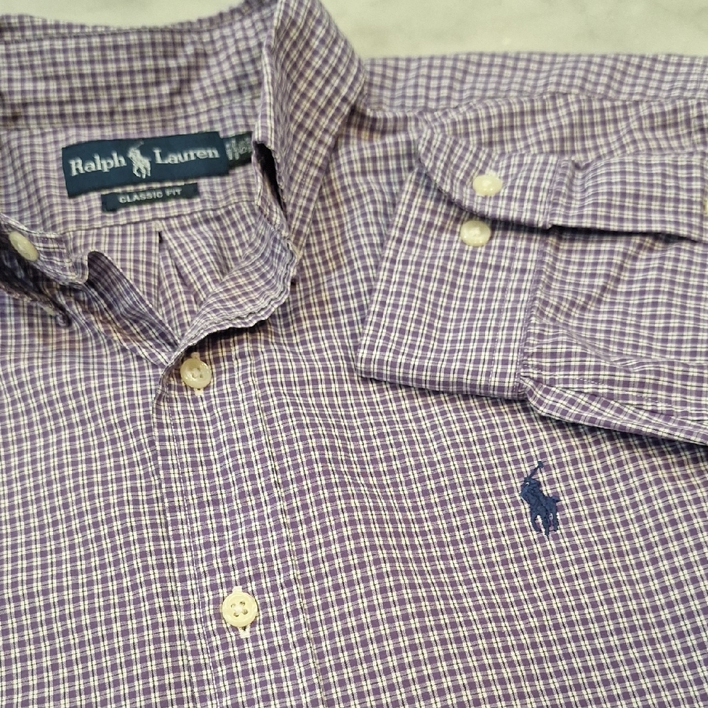 Polo Ralph Lauren Classic Fit Purple Checkered Men's Shirt Sz 15 1/2X32/33 = Med